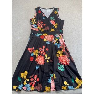 GUBERRY Floral Faux Wrap Dress Women Medium Black Flowy Sleeveless A-Line Summer